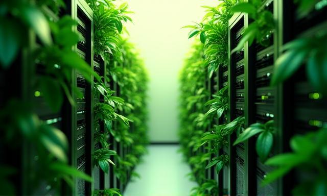 Server green circondati da foglie che simboleggiano sostenibilità